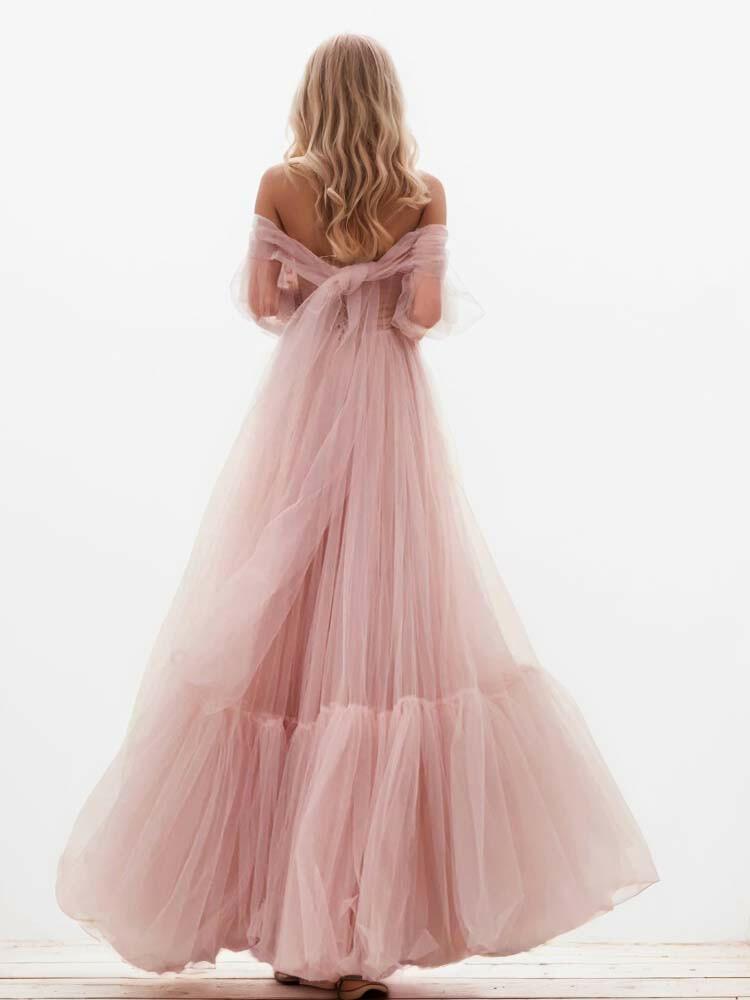 Light Pink A-Line Long Sleeve Bustier Ball Gown Tulle Dress - A LITTLE