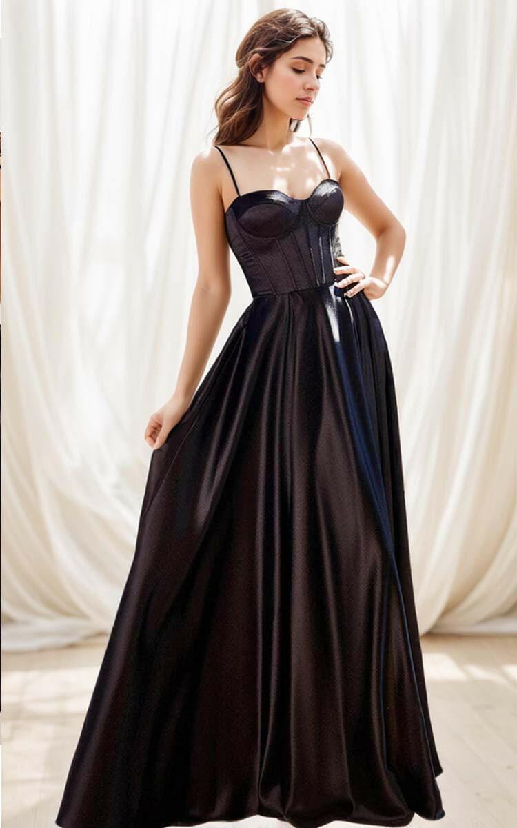 Black Spaghetti Strap Satin Corset A-Line Ball Gown - A LITTLE