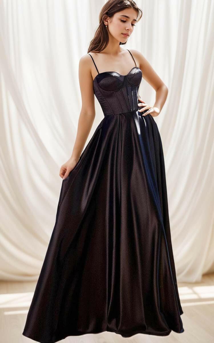 Black Spaghetti Strap Satin Corset A-Line Ball Gown - A LITTLE