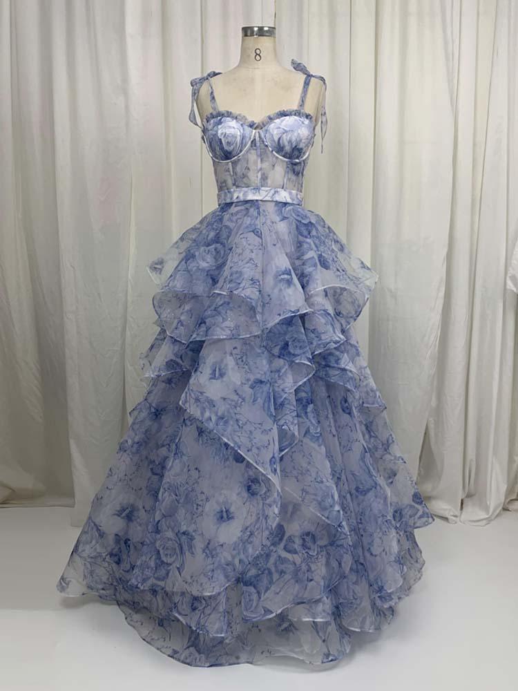 Block print dress Off-shoulder blue quinceanera dress - A LITTLE