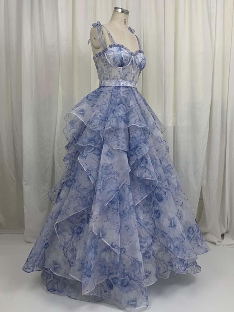 Block print dress Off-shoulder blue quinceanera dress - A LITTLE