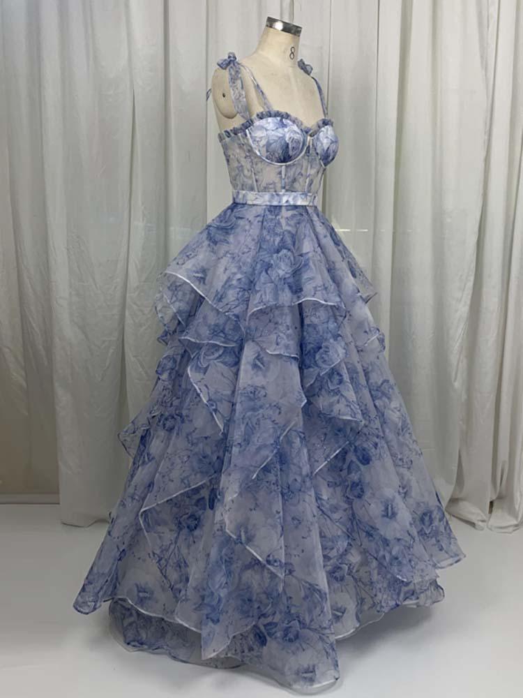 Block print dress Off-shoulder blue quinceanera dress - A LITTLE