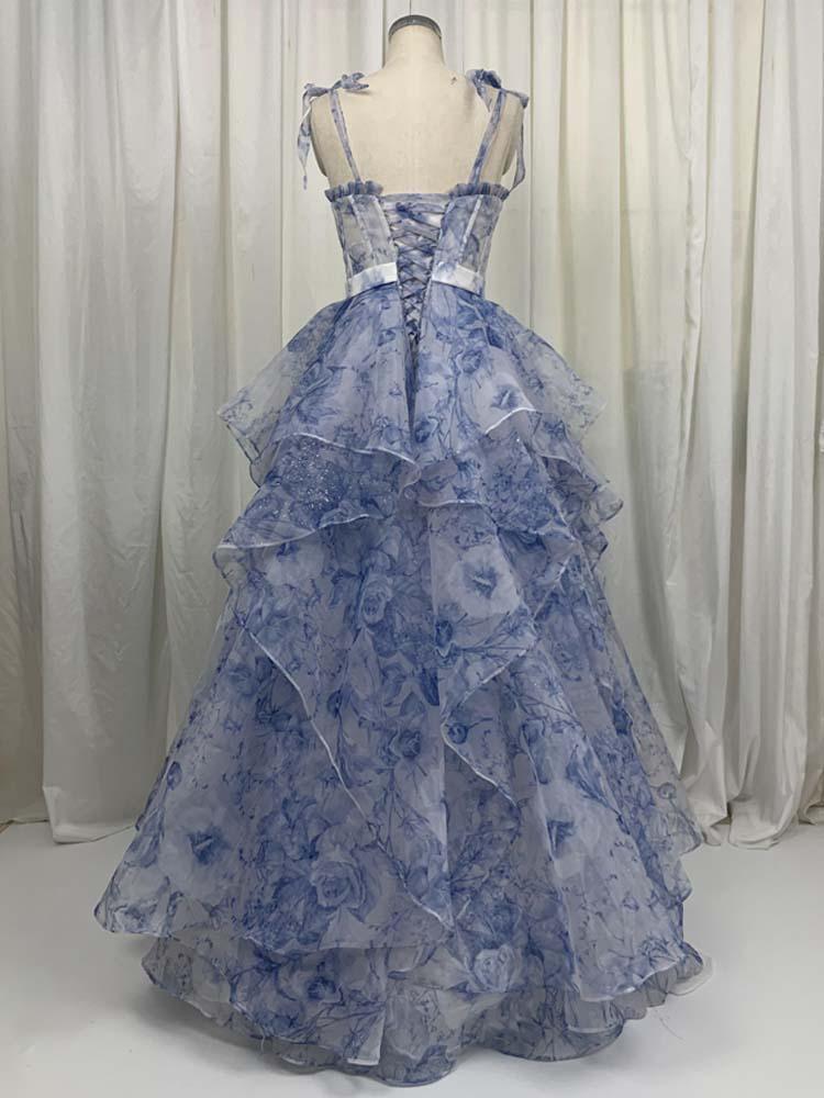 Block print dress Off-shoulder blue quinceanera dress - A LITTLE