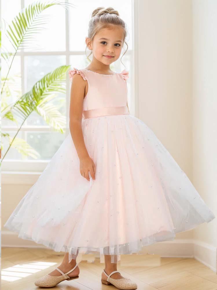 A-Line/Princess Round Neck Sleeveless Beaded Knee-Length Tulle Flower Girl Dress - A LITTLE