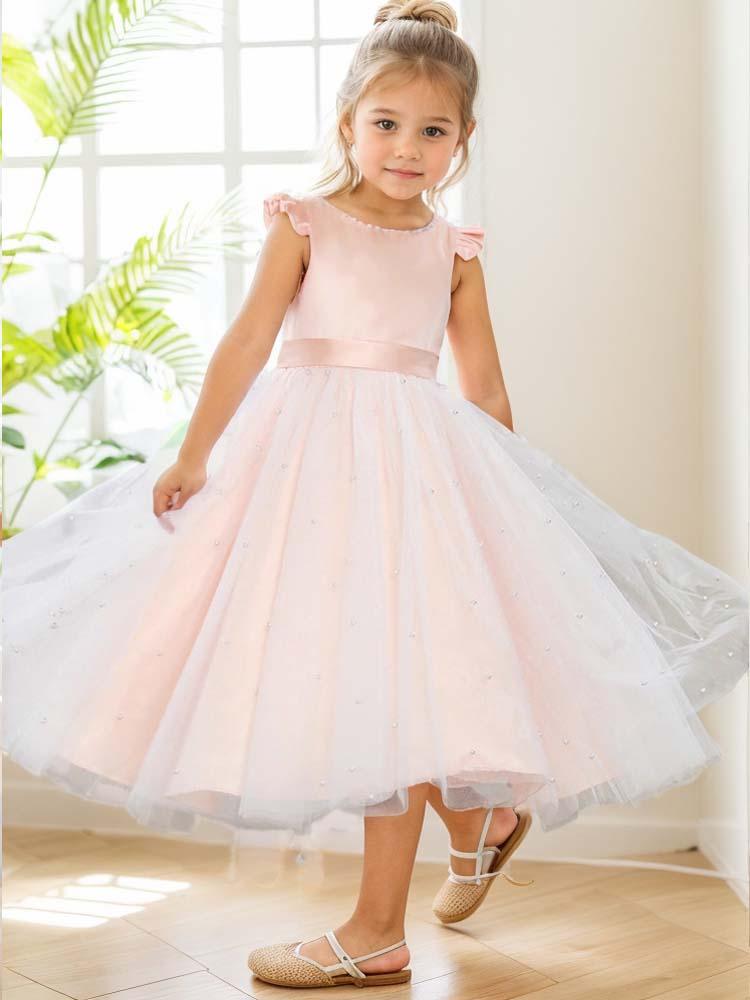 A-Line/Princess Round Neck Sleeveless Beaded Knee-Length Tulle Flower Girl Dress - A LITTLE