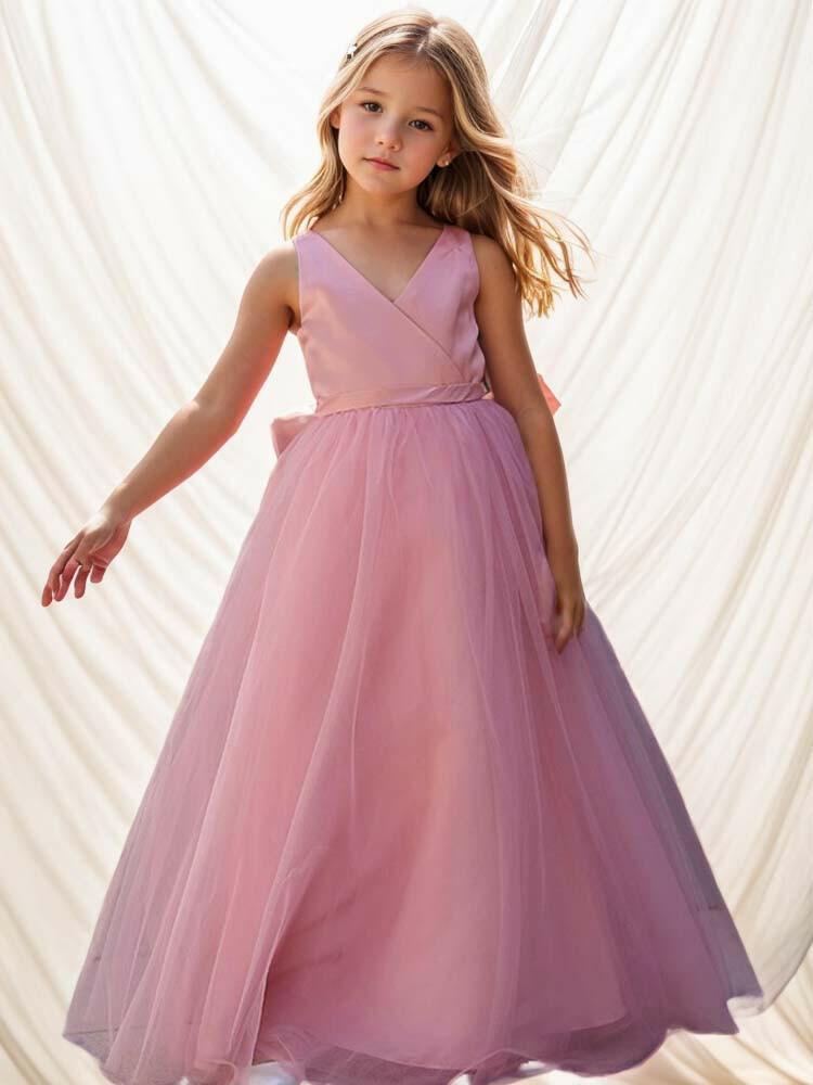 Ruffled Multi-Layered Tulle Ribbon Bow Flower Girl Dress - A LITTLE