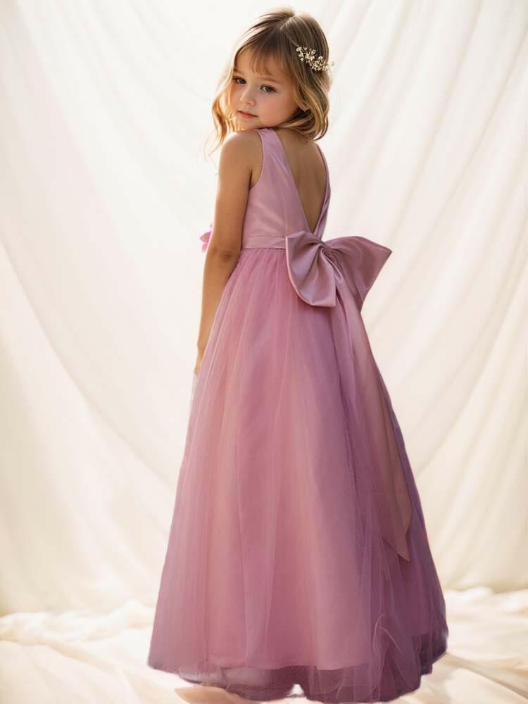 Ruffled Multi-Layered Tulle Ribbon Bow Flower Girl Dress - A LITTLE