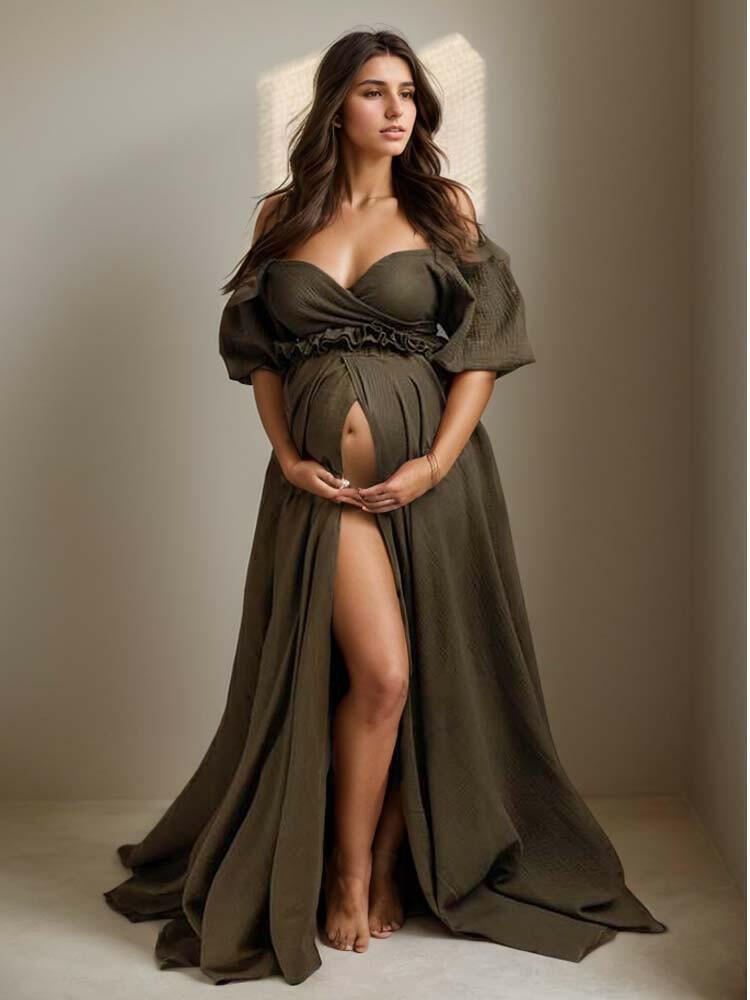 Two piece linen photography dress Bohemian maternity baby shower dress - A LITTLE