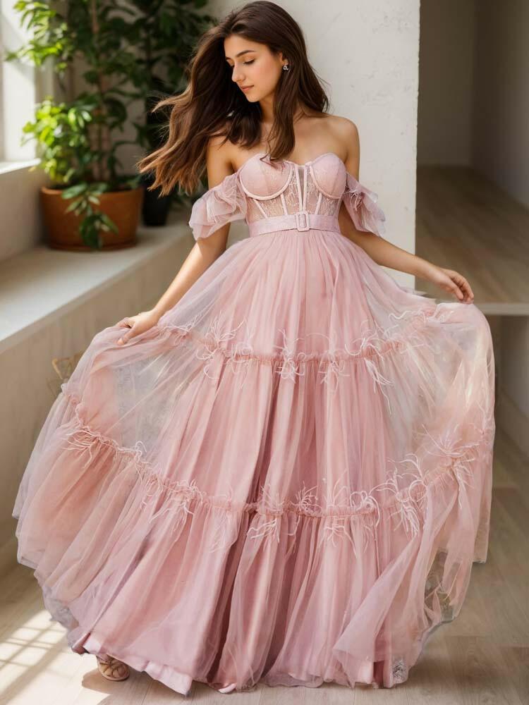 Pink Sleeves Thin Belted Ball Gown 2024 - A LITTLE