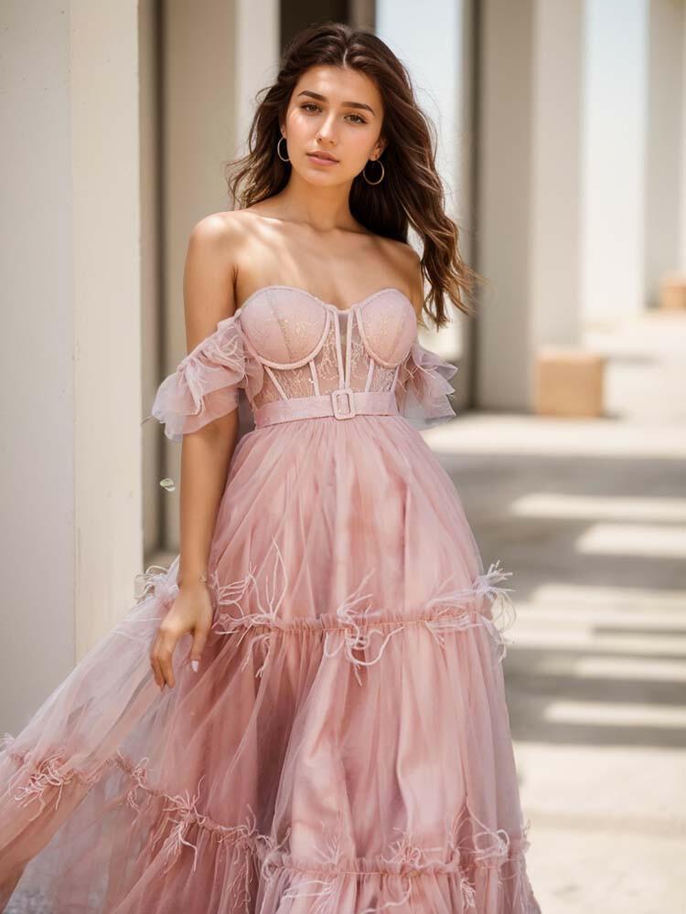 Pink Sleeves Thin Belted Ball Gown 2024 - A LITTLE