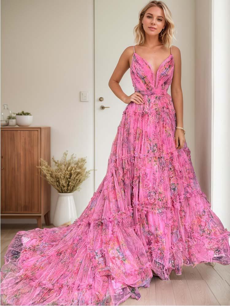 Floral Long Formal Gown Bridesmaids V Neck Dress - A LITTLE