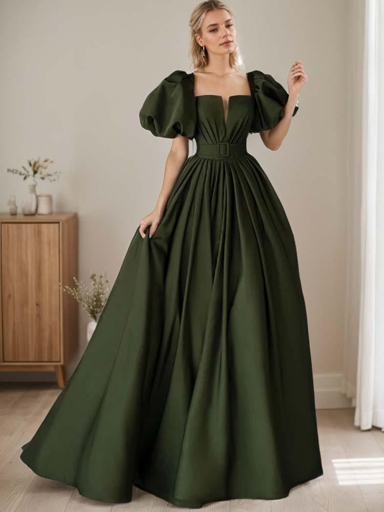 Green Satin A-Line Cap Sleeve Cocktail Gown - A LITTLE