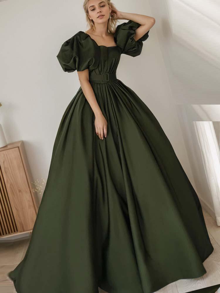 Green Satin A-Line Cap Sleeve Cocktail Gown - A LITTLE