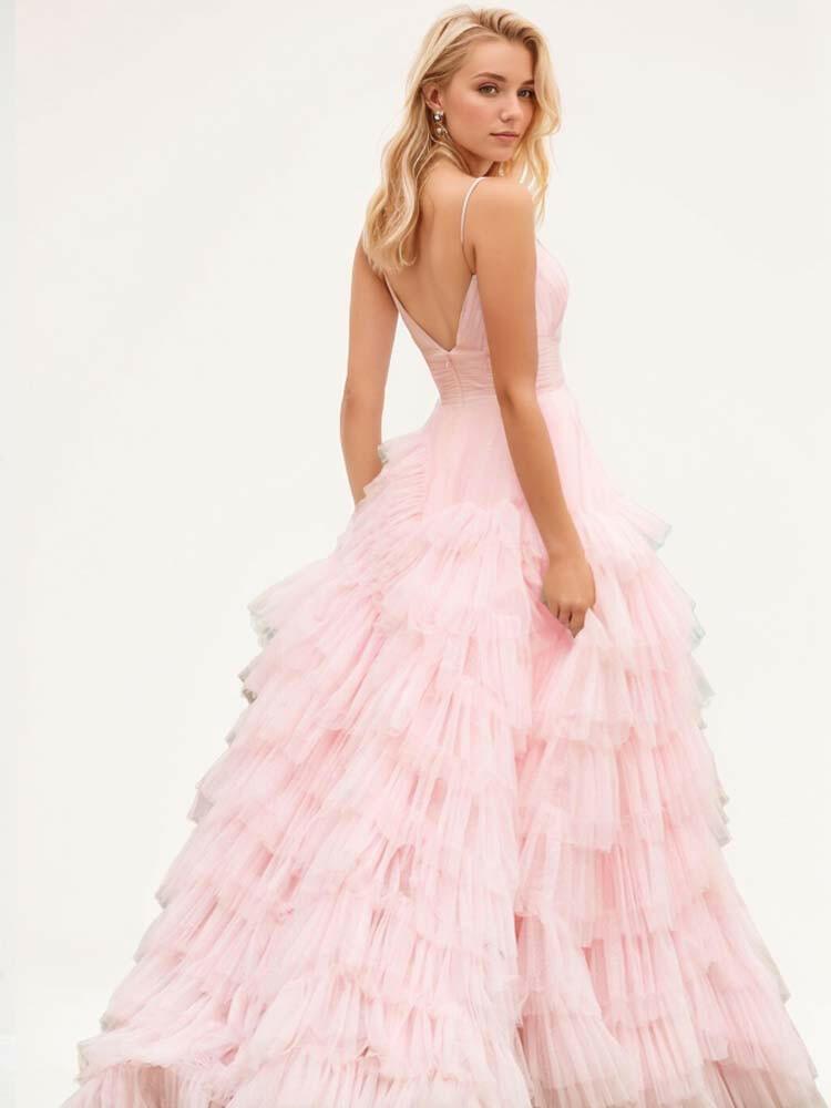 Light pink A-line spaghetti strap long sparkly ball gown with tiered ruffles - A LITTLE