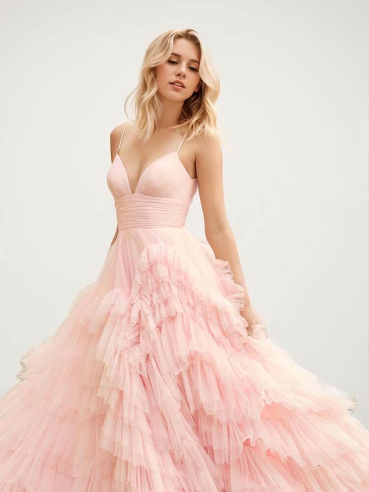 Light pink A-line spaghetti strap long sparkly ball gown with tiered ruffles - A LITTLE