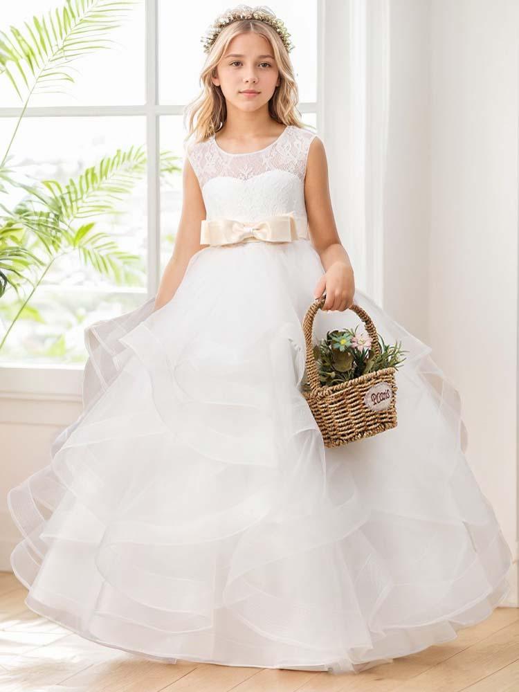 Sweetheart Sleeveless Bow Floor Length Tulle Flower Girl Dress Ball Gown Formal - A LITTLE