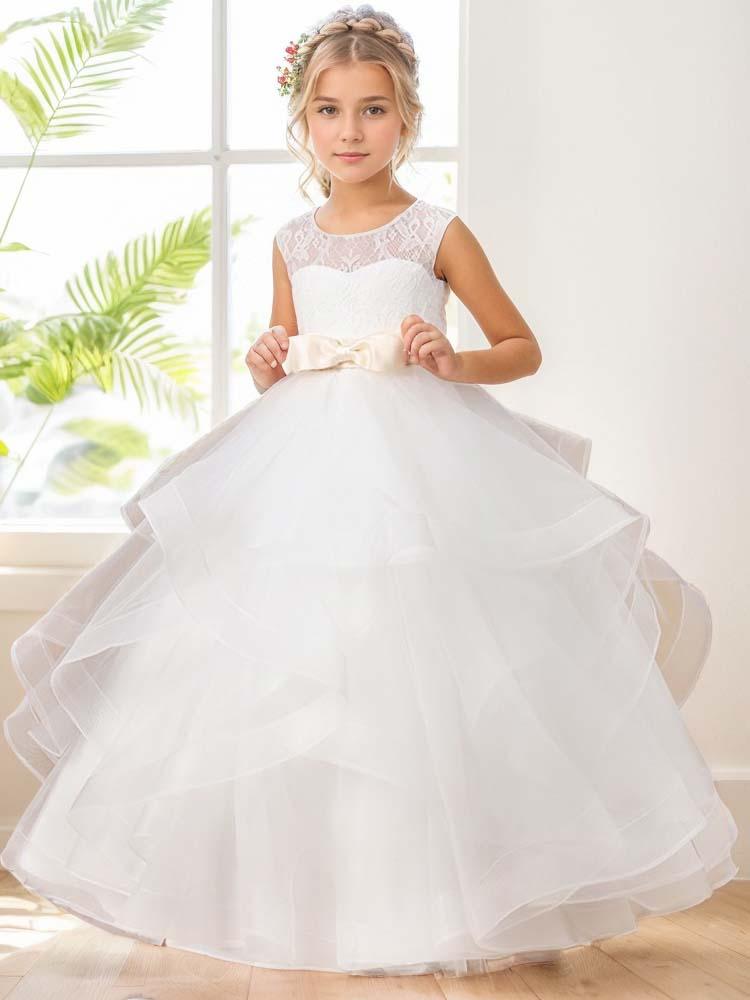 Sweetheart Sleeveless Bow Floor Length Tulle Flower Girl Dress Ball Gown Formal - A LITTLE