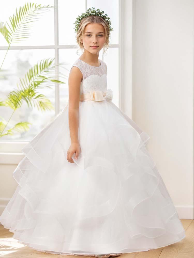 Sweetheart Sleeveless Bow Floor Length Tulle Flower Girl Dress Ball Gown Formal - A LITTLE