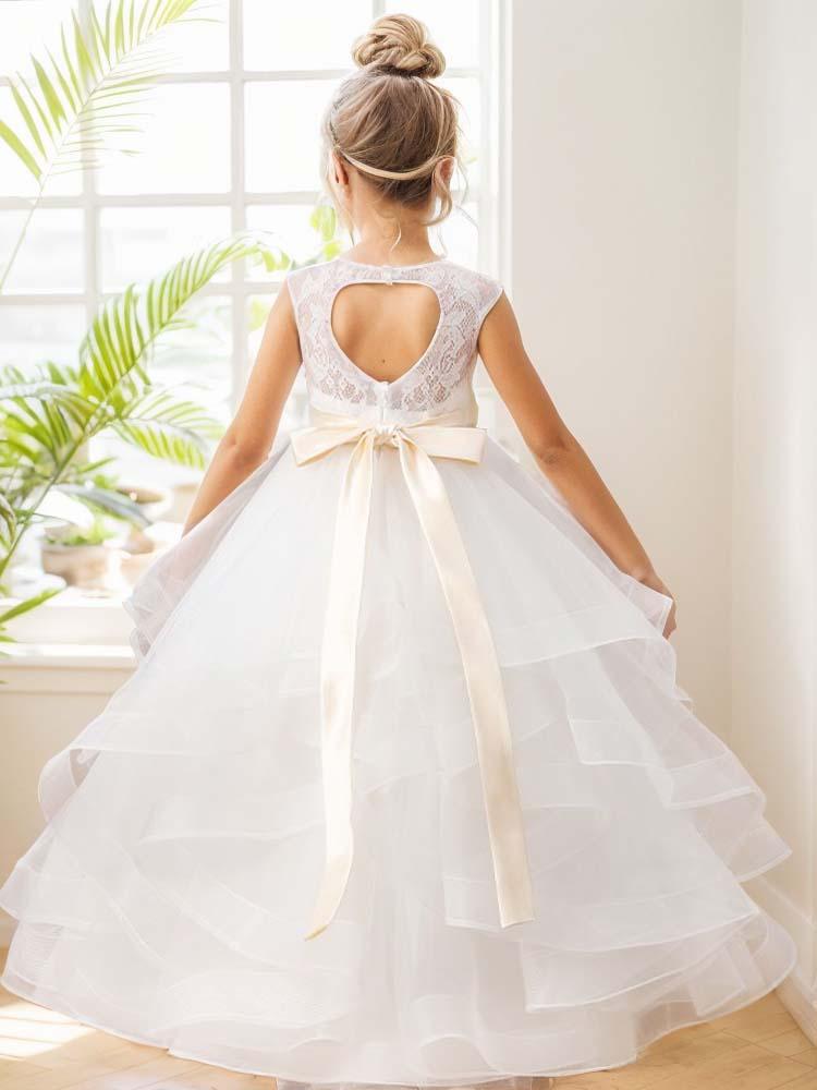 Sweetheart Sleeveless Bow Floor Length Tulle Flower Girl Dress Ball Gown Formal - A LITTLE