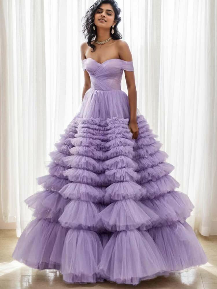 Lavender A-Line One Shoulder Long Tulle Ruffle Ball Gown - A LITTLE