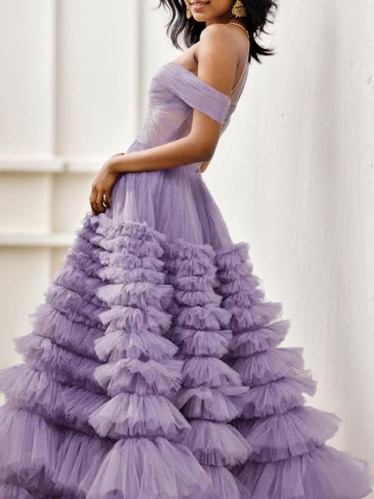 Lavender A-Line One Shoulder Long Tulle Ruffle Ball Gown - A LITTLE