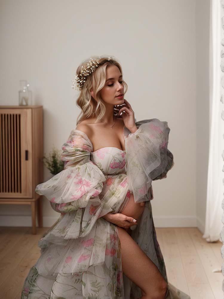 Maternity Photography Dress Long Sleeve Printed Dress - A LITTLE