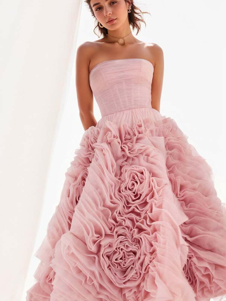 A-line pink princess floral elegant ball gown - A LITTLE