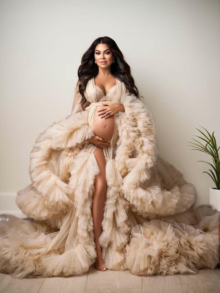 Women's tulle maternity dress for photo shoot, sheer ruffle baby shower bridal lingerie bathrobe - A LITTLE