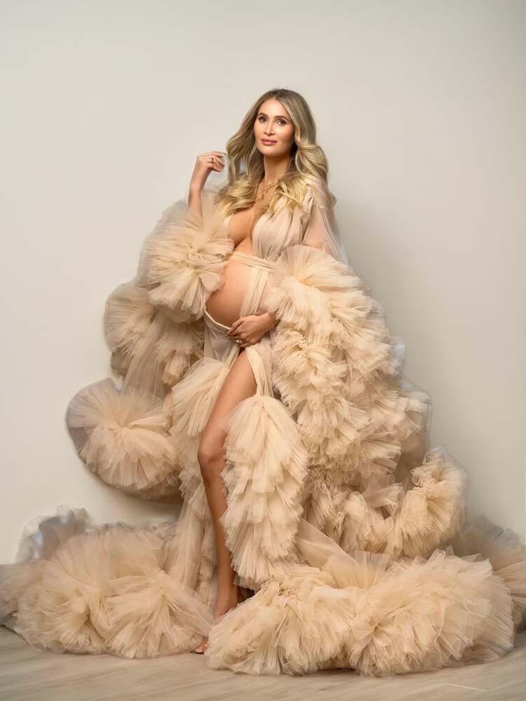 Women's tulle maternity dress for photo shoot, sheer ruffle baby shower bridal lingerie bathrobe - A LITTLE