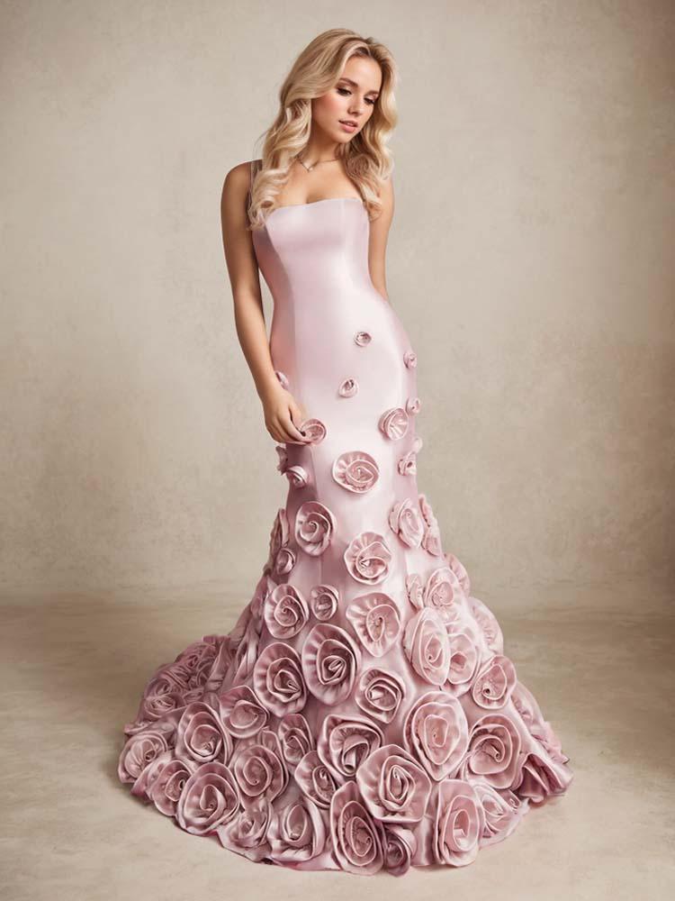 Satin Pink 3D Floral Wedding Dress Mermaid Skirt - A LITTLE