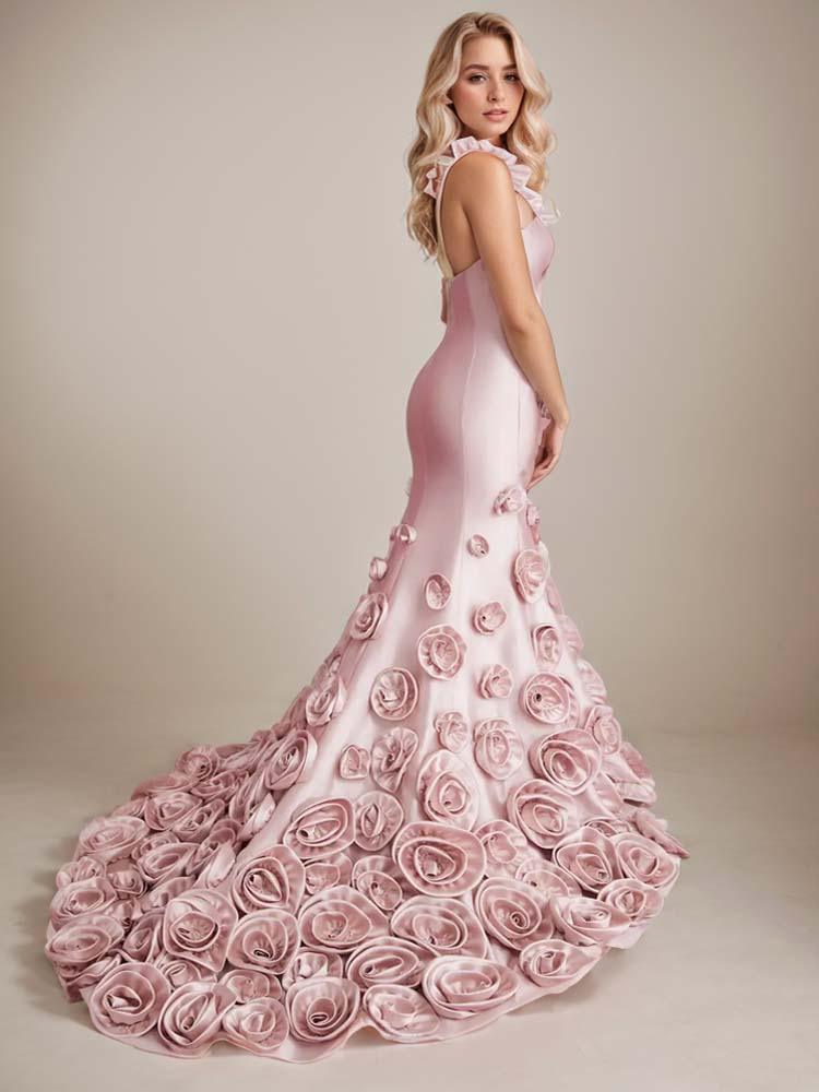 Satin Pink 3D Floral Wedding Dress Mermaid Skirt - A LITTLE