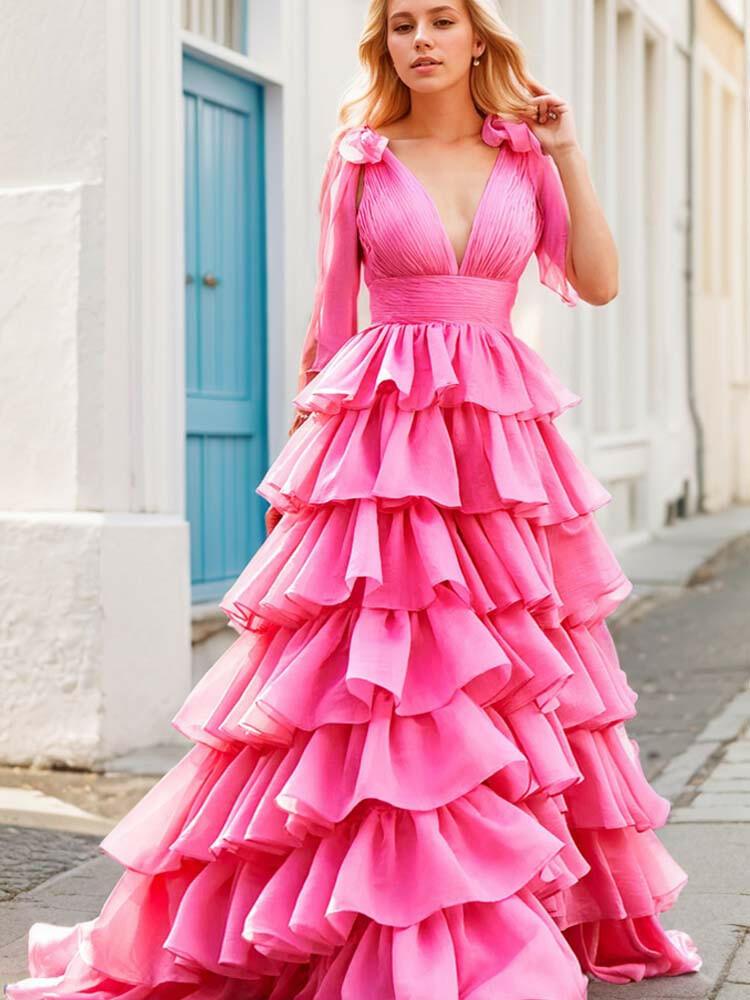 Ruffle Tiered Ball Gown V Neck Dress - A LITTLE