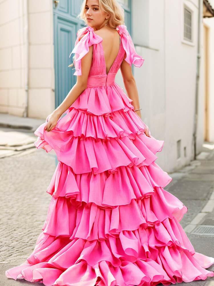 Ruffle Tiered Ball Gown V Neck Dress - A LITTLE