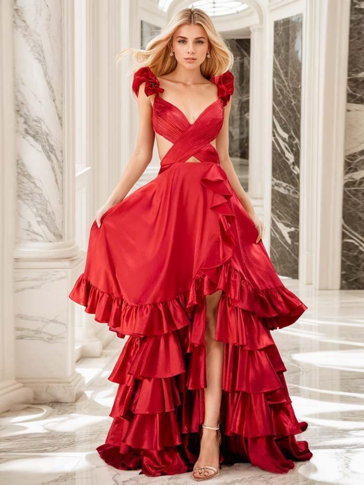 Red tiered ruffle maxi formal cutout ball gown - A LITTLE