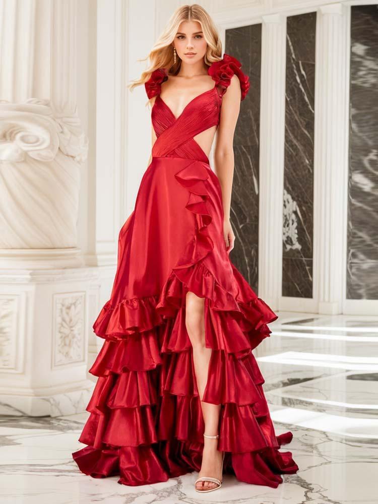 Red tiered ruffle maxi formal cutout ball gown - A LITTLE