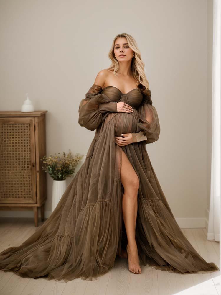 Baby Shower Maternity Wedding Dresses Suitable for Maternity Photography Long Sleeve Robes - A LITTLE