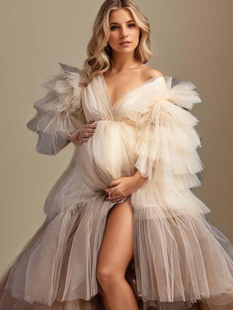 Tulle long gown baby shower dress layered ruffle party maternity photoshoot dress - A LITTLE