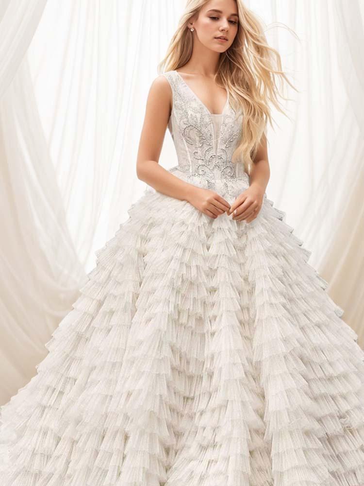 Multi-layered pleated voluminous A-line sweetheart ball gown wedding dress - A LITTLE