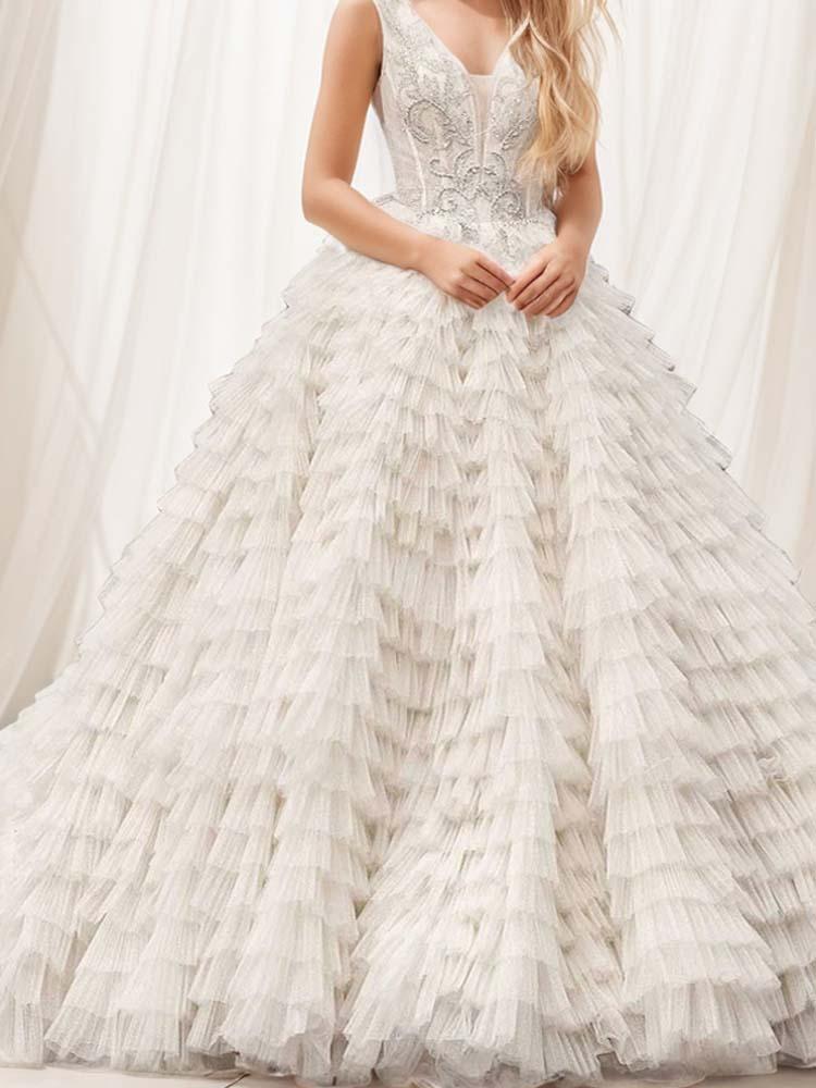 Multi-layered pleated voluminous A-line sweetheart ball gown wedding dress - A LITTLE