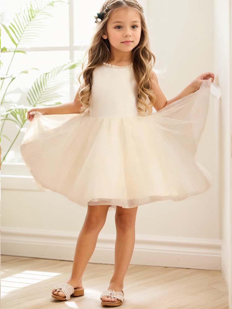 Satin Flower Girl Dress with Tulle Skirt Beaded Embellishment - A LITTLE