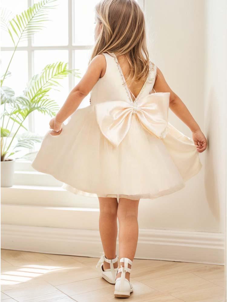 Satin Flower Girl Dress with Tulle Skirt Beaded Embellishment - A LITTLE