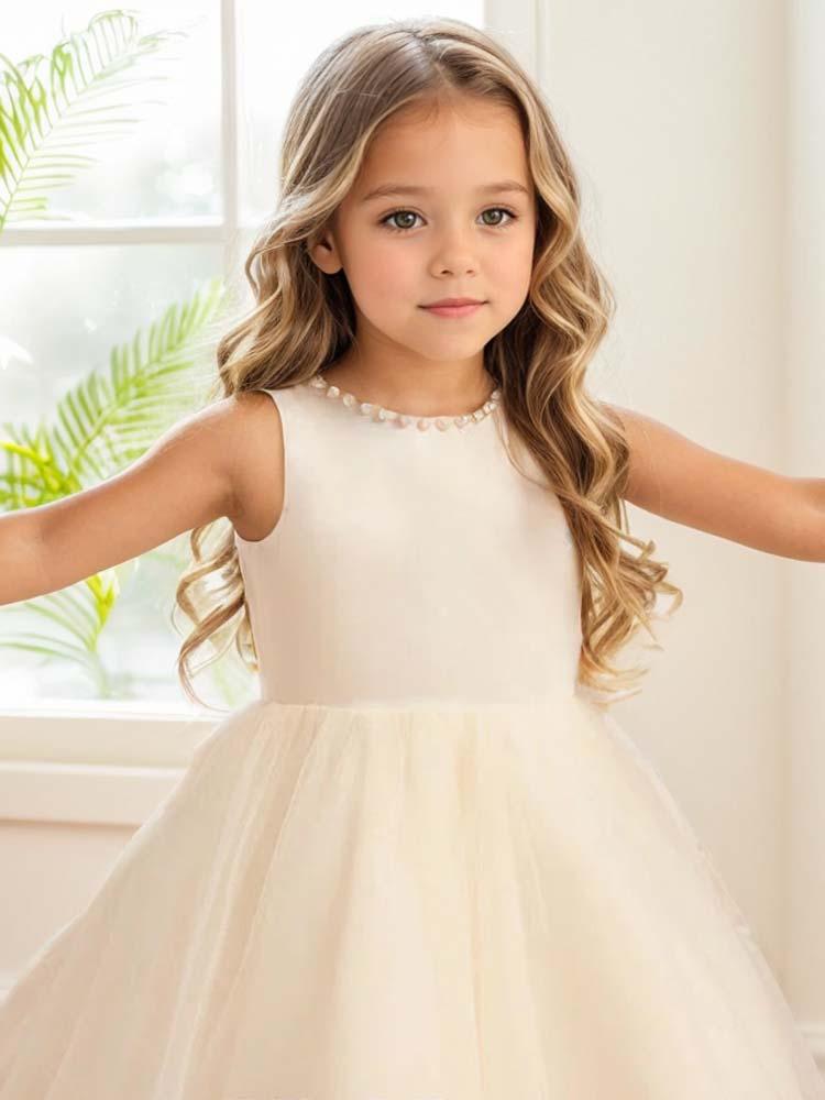 Satin Flower Girl Dress with Tulle Skirt Beaded Embellishment - A LITTLE