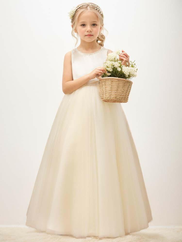 Flower Girl Satin Tulle Princess Pageant Dress for Wedding Children Pearl Ball Gown with Big Bow - A LITTLE