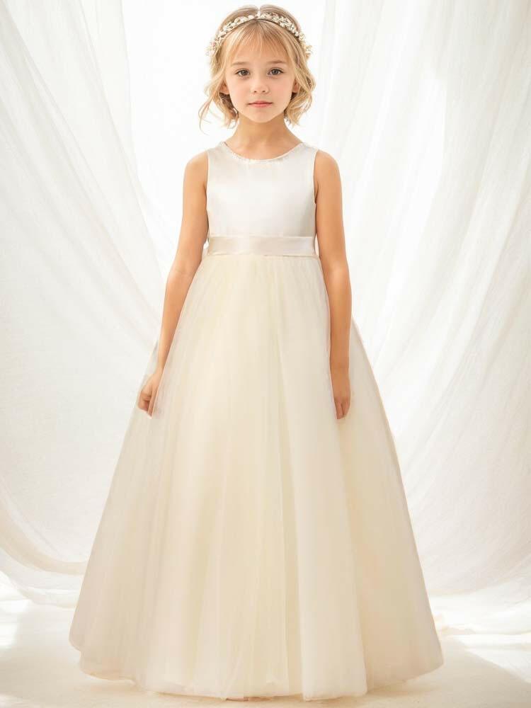 Flower Girl Satin Tulle Princess Pageant Dress for Wedding Children Pearl Ball Gown with Big Bow - A LITTLE